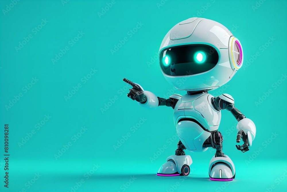 Cute digital robot pointing at copyspace background Cute digital robot pointing at copyspace background