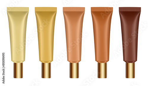 Set of cosmetic tubes with long cap. 3d mockup. Gold, brown, bronze and tan colors. Hand cream, mask or lotion. Gold cap	