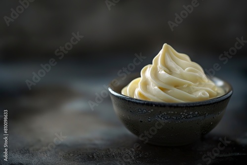 A bowl of mayonnaise softly glows in the light, showing off its creamy, silky texture. White mayonnaise ready to complement a variety of dishes. photo