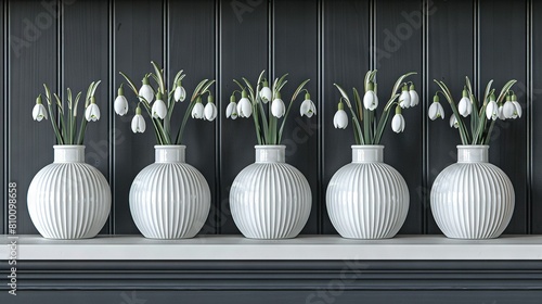   White vases line shelf with snowdrops, tulips #810098658