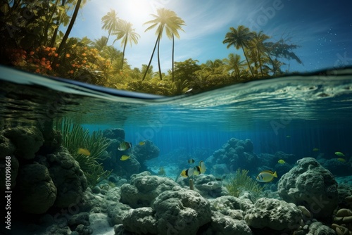Split-level shot of a vibrant coral reef and lush island above water in a serene tropical setting