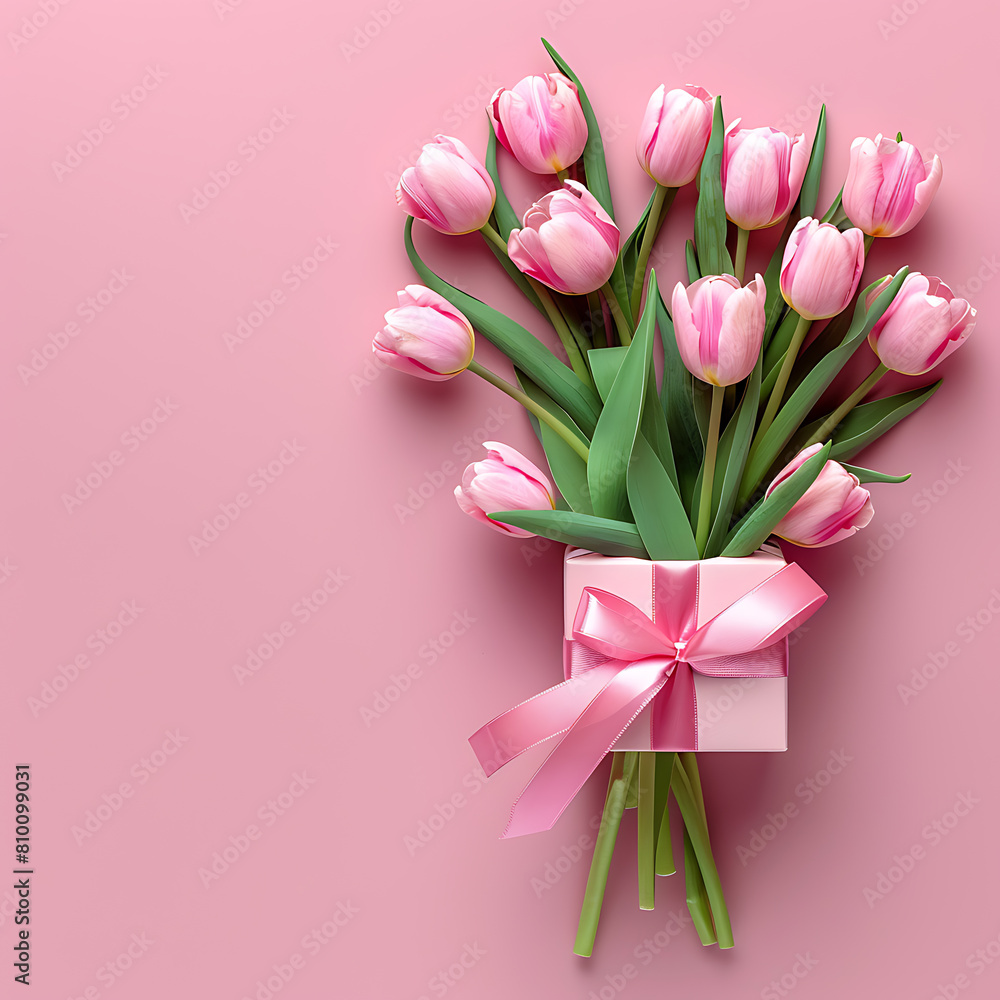 Bouquet of pink tulips and gift box on pink background.