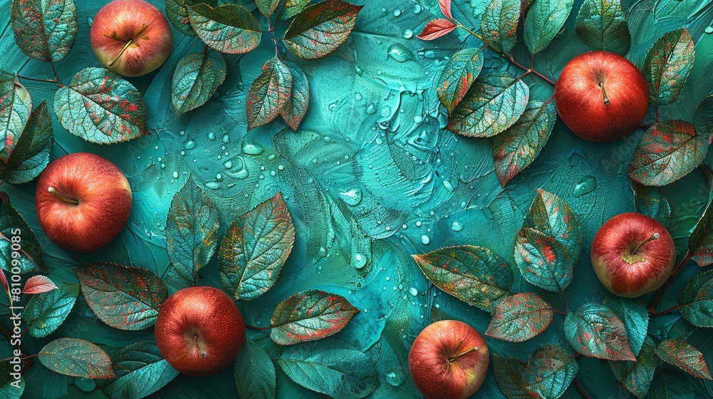   Apples atop leaf-covered, wet table