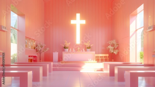   A pink church interior with a cross on the wall and flowers in vases adorning the pews