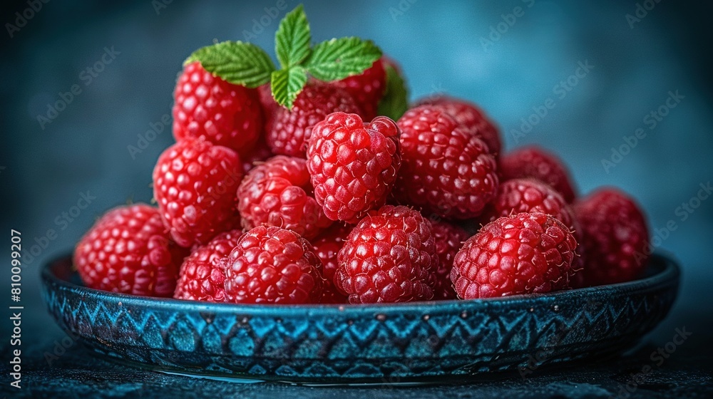A close-up of a bowl of raspberries with a leaf on top of one A close-up of a bowl of raspberries with a leaf on top of one