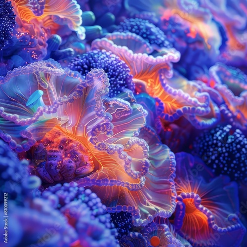Stunning digital artwork of a colorful coral reef  showcasing intricate patterns and a luminous array of neon colors.