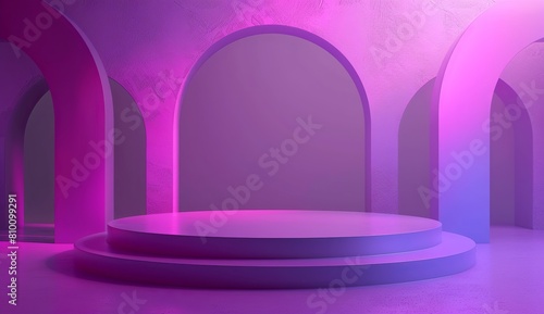 A vibrant  empty podium lit with purple and pink neon lights  giving off a futuristic and trendy vibe perfect for product display