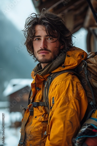 a man in a yellow jacket with a backpack on the background of the mountains.