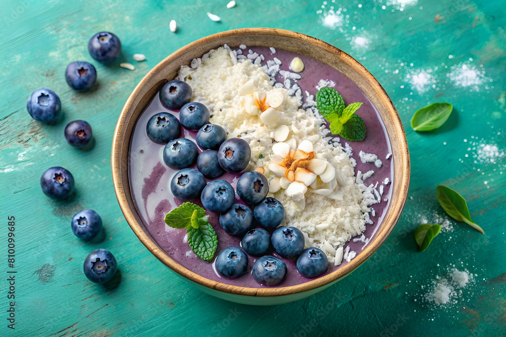 Smoothie Bowl Topped with Blueberries and White Chocolate on Pastel Green Background Smoothie Bowl Topped with Blueberries and White Chocolate on Pastel Green Background