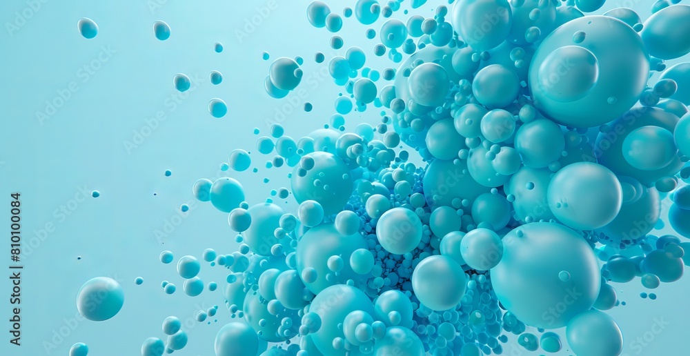 A 3D digital rendering featuring an array of blue spheres of varying sizes in a liquid-like environment