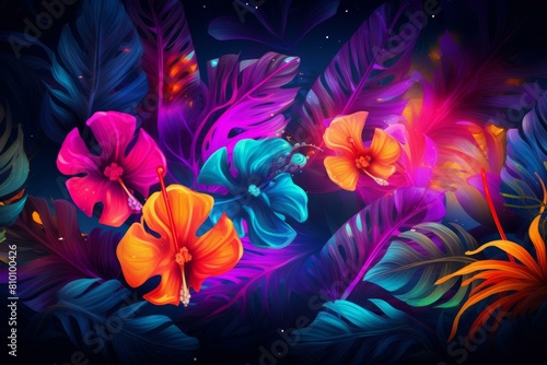 Tropical leaves in neon colors and glowing frame. Floral summer party colorful. Generate Ai