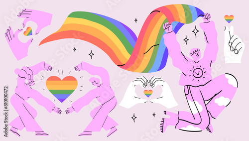Characters with rainbow lgbtq flag celebrate pride month or day vector flat illustration. LGBTQ support festival or event social media greeting template design elements. Rainbow heart in arms.
