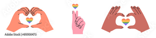 Lgbtq rights, pride month or social issues event or festival celebration banner, poster, placard, social media advertisement, invitation, greeting card with hands holding rainbow heart. Pride week.