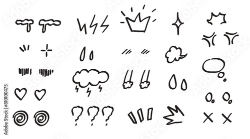 Comic cartoon face expressions in doodle line art style. Anime manga eyes and sound effects with different emotions. Hand drawn ink vector illustration of love, anger, sadness,puzzled character.