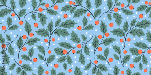 Holly seamless pattern for Christmas wrapping paper, wallpaper and decoration. Ilex background