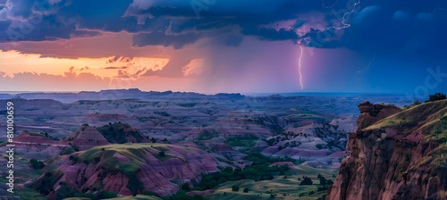 Summer thunderstorm unleashing over the badlands, with lightning striking distant peaks, captured in a moment of raw natural power