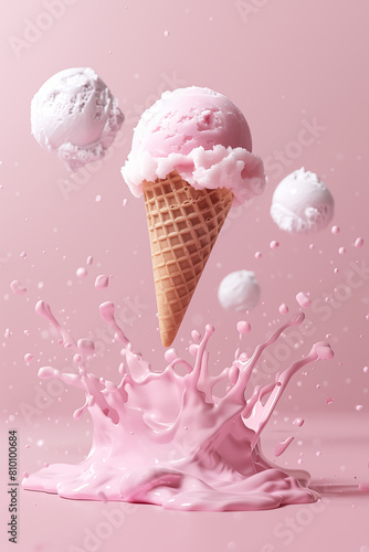 Pink bubble gum flavored ice cream cone dynamic splash against pink background