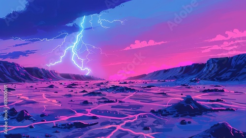 cracked desert with thunderstorm background with cloud in pink and blue colors