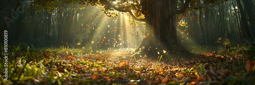 Sunbeams breaking through a dense canopy in a deciduous forest, illuminating a carpet of fallen leaves and small wildflowers, captured in ultra HD