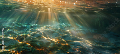 Sunbeams penetrating an aquifer  creating a mystical ambiance with rays of light dancing on the watera  s surface