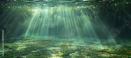 Sunbeams penetrating an aquifer, creating a mystical ambiance with rays of light dancing on the watera??s surface photo