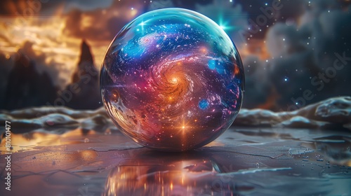 Journey into the cosmic unknown as the nebula crystal ball unveils a kaleidoscope of future galaxies. Generative AI.