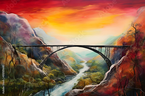 mystical valley spanning bridge, abstract landscape painting, nature beauty, expressive art, generative ai photo