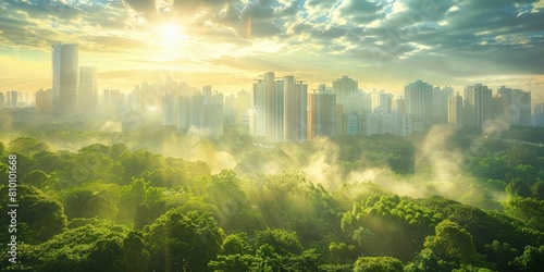A city skyline with tall buildings and green trees, with the sun rising in front of it.