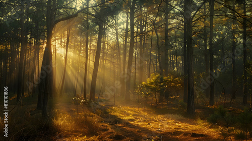 Sunlight piercing through the dense canopy of the Pine Barrens, creating a play of light and shadow on the forest floor