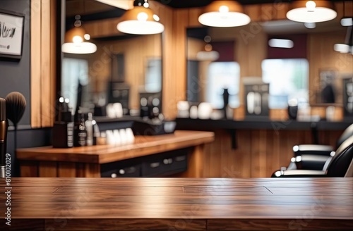 Empty wooden table with modern barbershop interior in the background, mockup template for product display