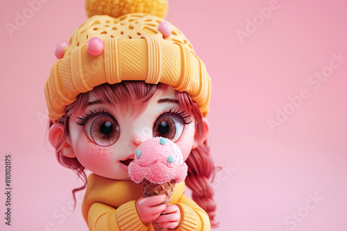 Cute girl with big eyes eating pink ice cream cone