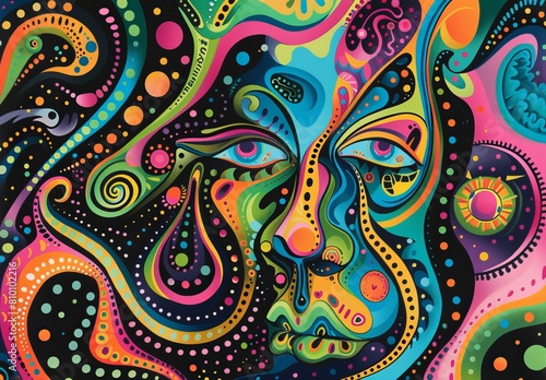 Vibrant and mesmerizing psychedelic art depicting an abstract face with intricate patterns and a wide array of colors, symbolizing creativity and the subconscious mind