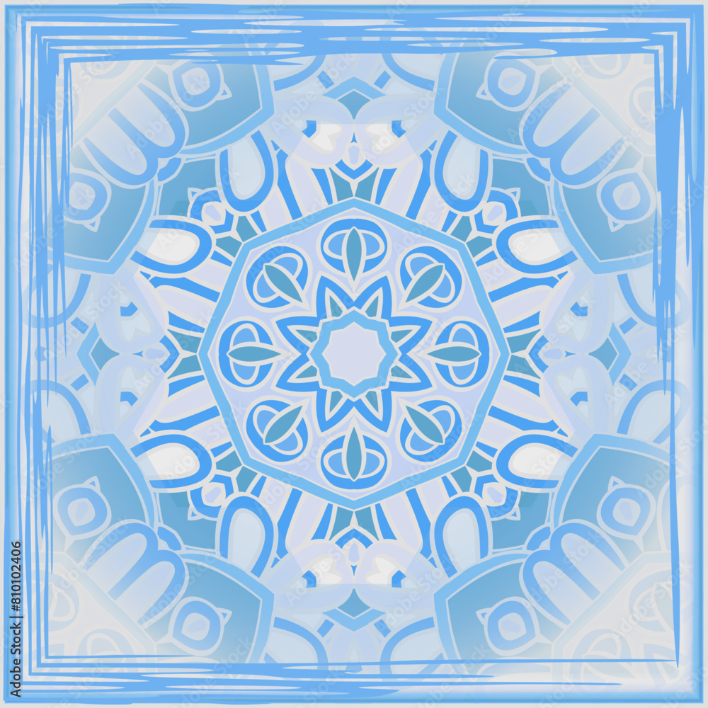 Abstract geometric mandala pattern in white blue. Textile printing, interior design, wallpaper. Scarf design. Frame. Abstract geometric mandala pattern in white blue. Textile printing, interior design, wallpaper. Scarf design. Frame.