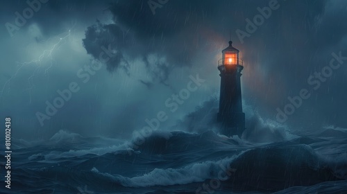 A lighthouse standing tall amidst crashing waves during the storm.