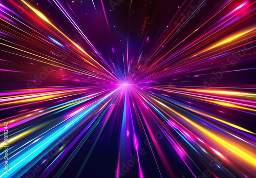 A digital rendering of hyperspace travel, with bright light streaks speeding towards a central vanishing point