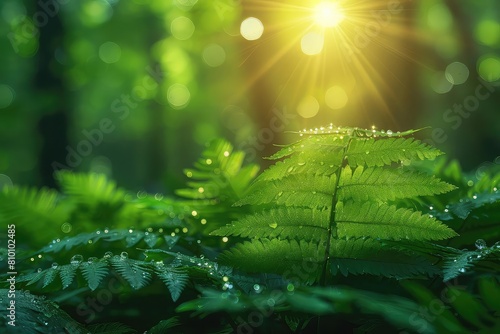 Closeup of a dewcovered fern leaf in a lush forest, sunlight filtering through, vibrant green, tranquil nature photo