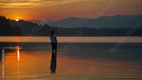 Wallpaper Mural Sunset on the lake, woman enjoying sunset at the lake, river water lake mountains forest person sunset Generative AI Torontodigital.ca