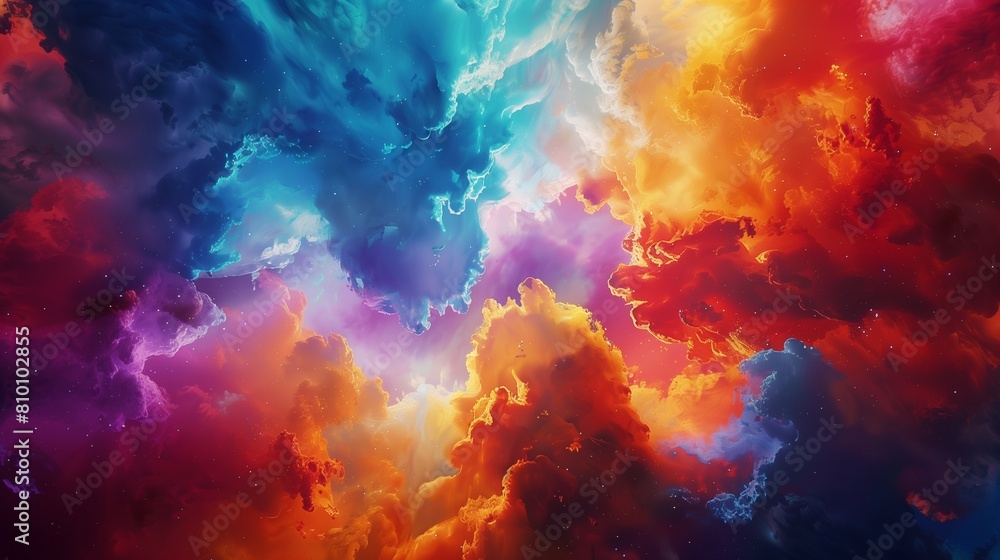 Fototapeta premium Streams of vibrant pigments colliding, exploding into a riot of color and light against the backdrop of the sky.