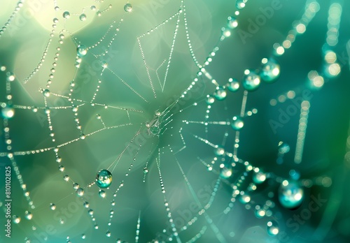 Close-up of a spider web with dew drops illuminated by soft morning light, which highlights the intricate details © dr.rustem