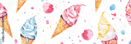 Pattern with ice cream cones with fruit decorations on white background banner. Panoramic web header. Wide screen wallpaper
