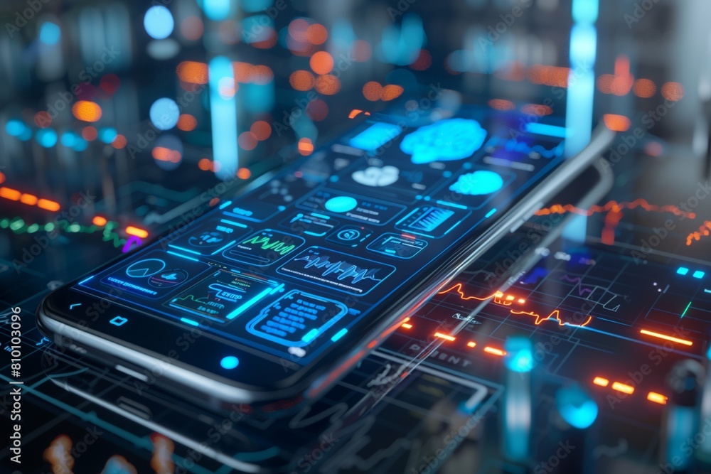 Mobile Phone E-Health Simulation with Indigo Blue Visuals, Captured in a Realistically Lit Photorealistic Scene Mobile Phone E-Health Simulation with Indigo Blue Visuals, Captured in a Realistically Lit Photorealistic Scene