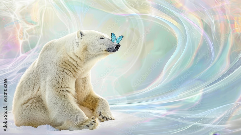 Fototapeta premium Polar bear with a surreal, colorful abstract background, great for creative and environmental themes.
