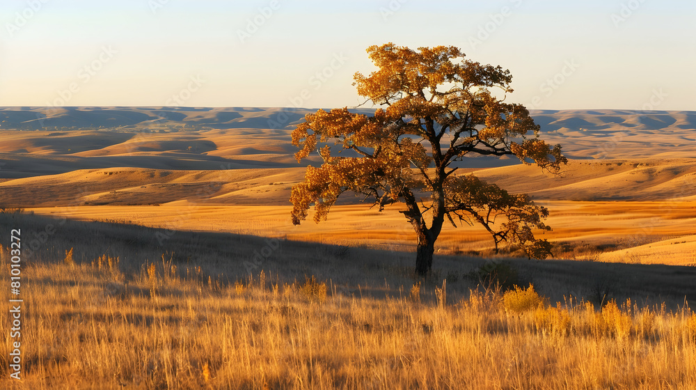 The high plains in the golden hour, with long shadows and a lone tree standing against a backdrop of rolling hills The high plains in the golden hour, with long shadows and a lone tree standing against a backdrop of rolling hills