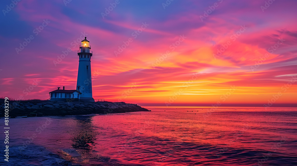 Tropical sunset with lighthouse standing tall against colorful sky. Coastal beacon concept. Tropical sunset with lighthouse standing tall against colorful sky. Coastal beacon concept.