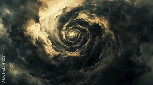 Swirling vortex of clouds gathering momentum in the tumultuous sky, casting ominous shadows on the landscape below.