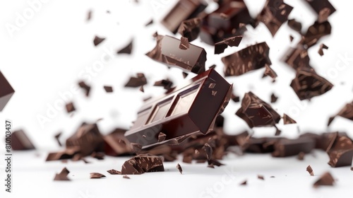 Falling pieces of chocolate isolated on white background, World Chocolate Day