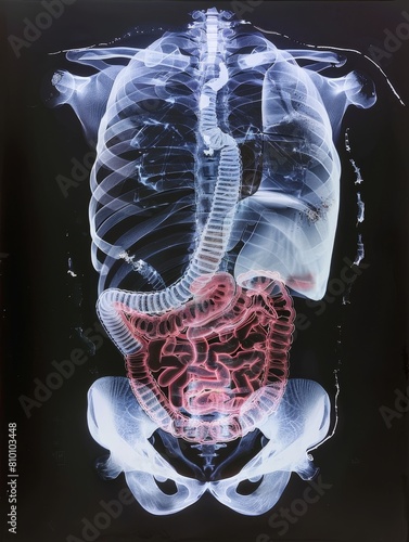 Transparent X-Ray  Visualization of Glowing Digestive System with Bioluminescent Internal Organs photo