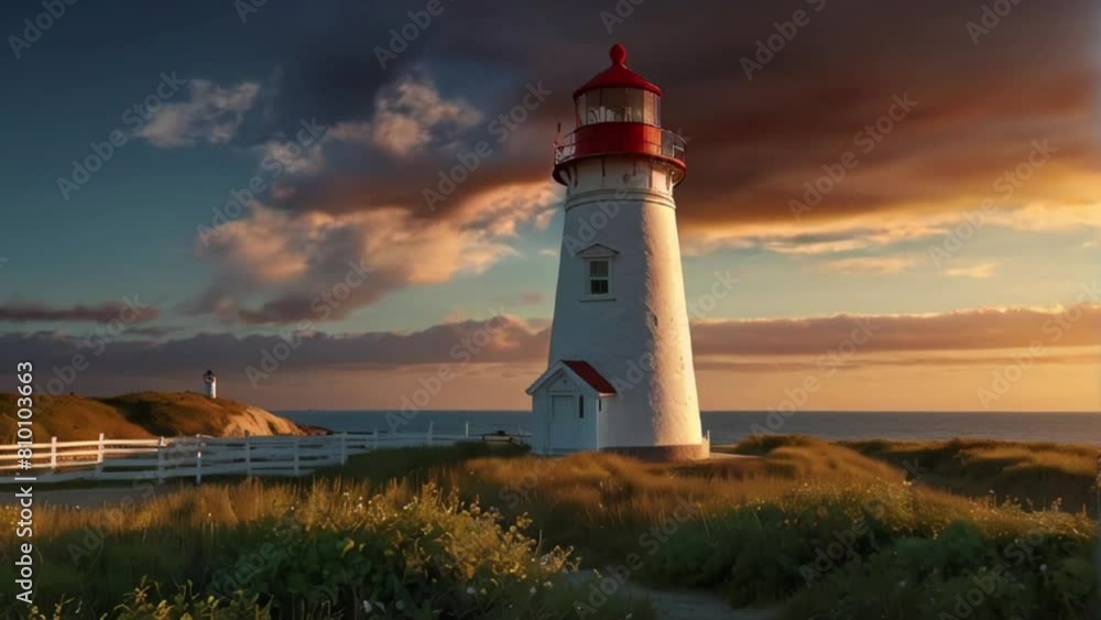 Time lapse of clouds over lighthouse on the coast during sunset, time-lapse lighthouse beach sky clouds sunset wind breeze bushes generative AI Time lapse of clouds over lighthouse on the coast during sunset, time-lapse lighthouse beach sky clouds sunset wind breeze bushes generative AI
