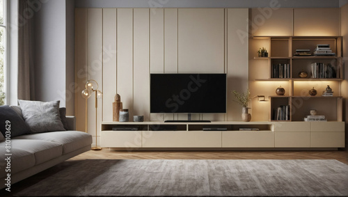 Sleek TV cabinet, Cream-colored minimal design for the living room wall.
