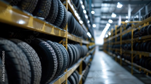 Inside the warehouse, rows of new tires stacked on shelves in various sizes. © EMRAN